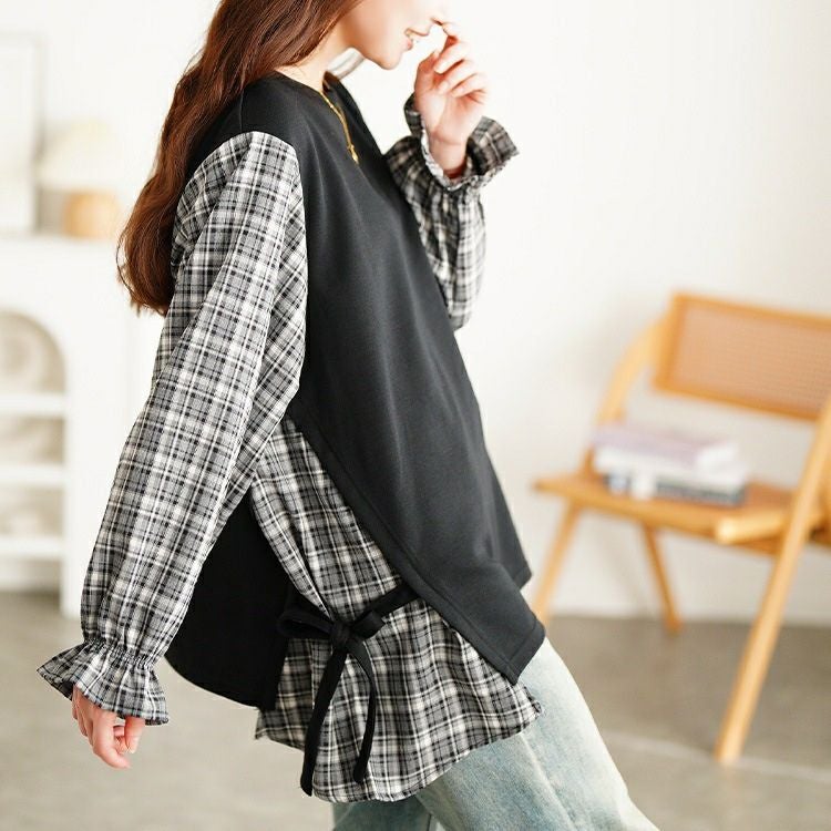 大きいサイズ レディース サイドリボン重ね着風キャンディ袖トップス