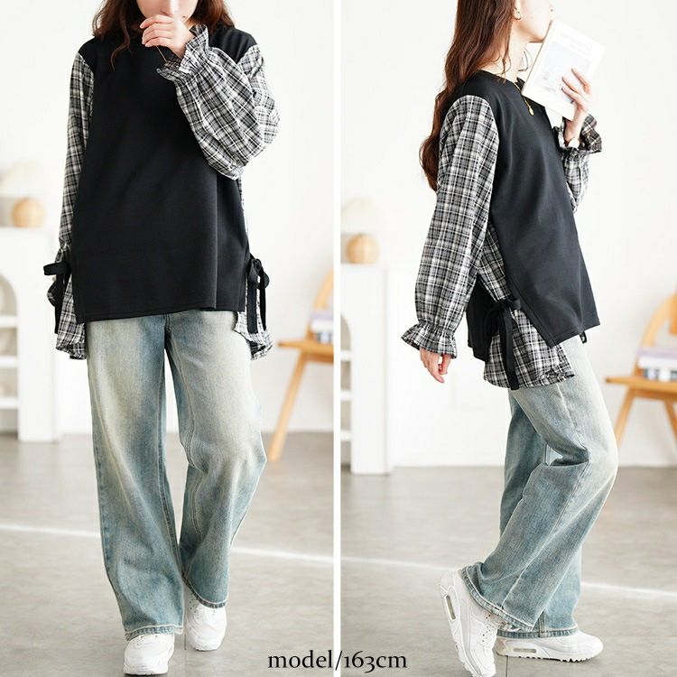 大きいサイズ レディース サイドリボン重ね着風キャンディ袖トップス