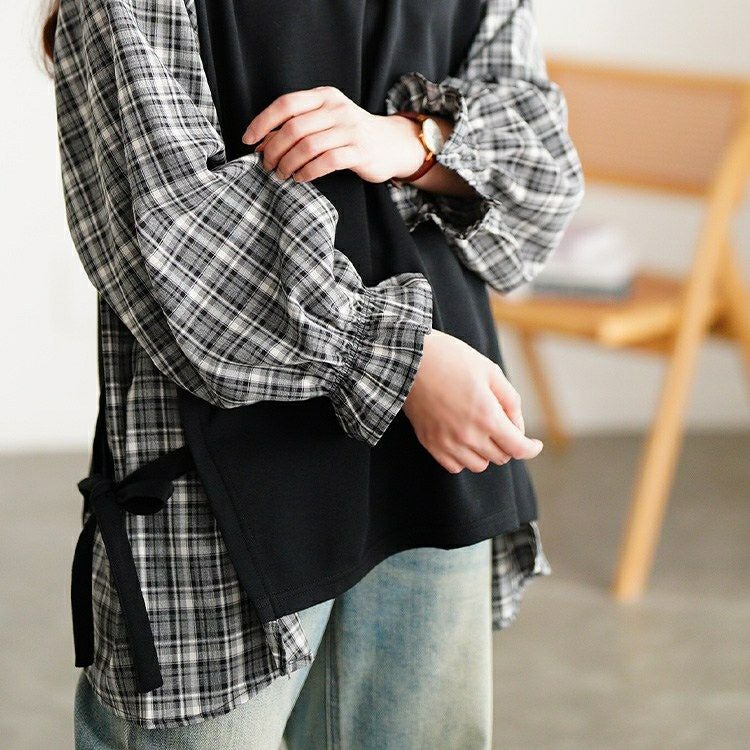 大きいサイズ レディース サイドリボン重ね着風キャンディ袖トップス