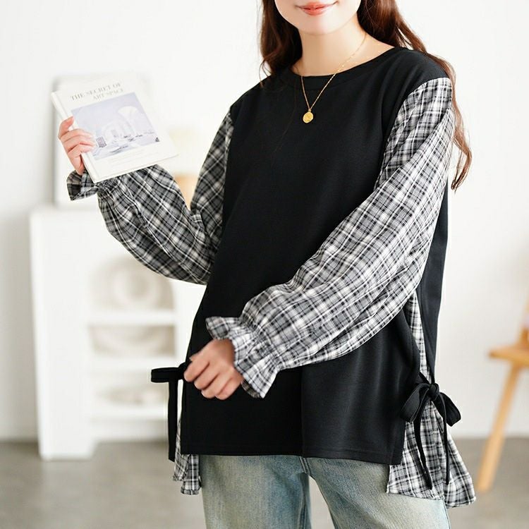 大きいサイズ レディース サイドリボン重ね着風キャンディ袖トップス