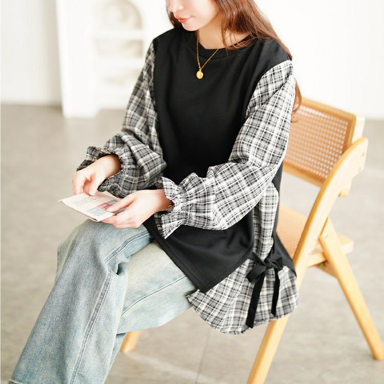 大きいサイズ レディース サイドリボン重ね着風キャンディ袖トップス