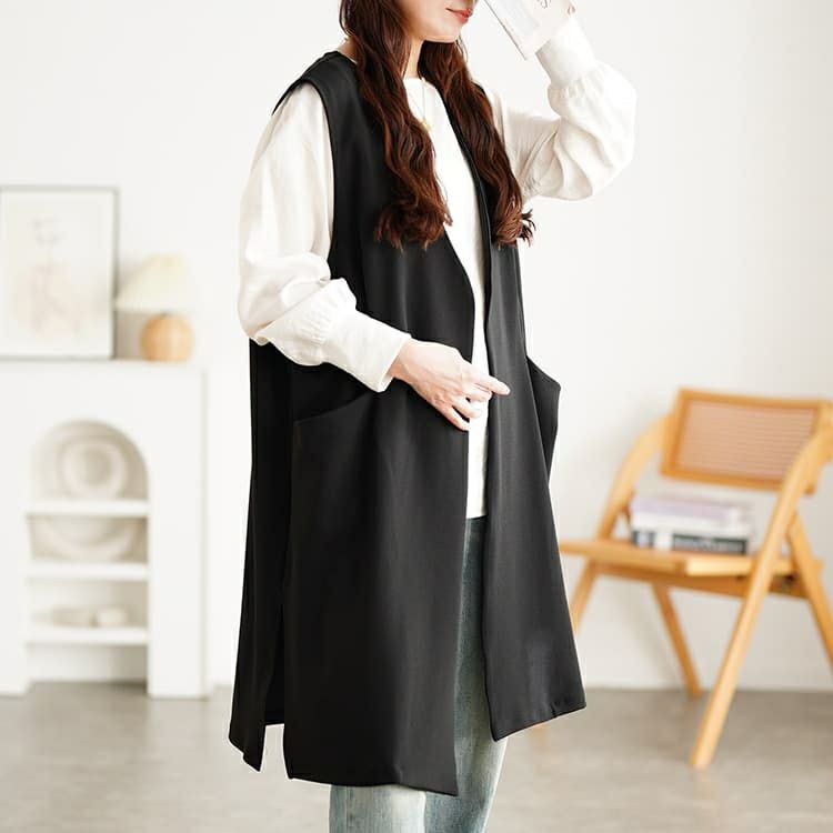 大きいサイズ レディース サイドスリットポケット付きロングジレ