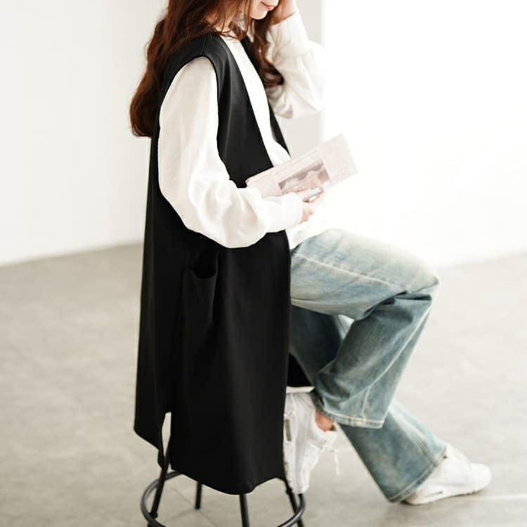 大きいサイズ レディース サイドスリットポケット付きロングジレ