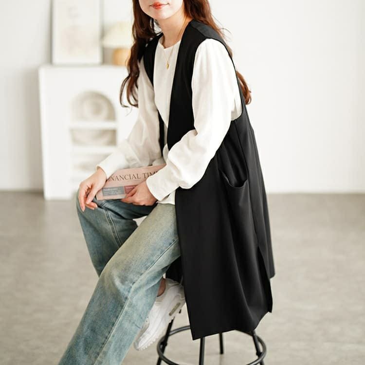 大きいサイズ レディース サイドスリットポケット付きロングジレ