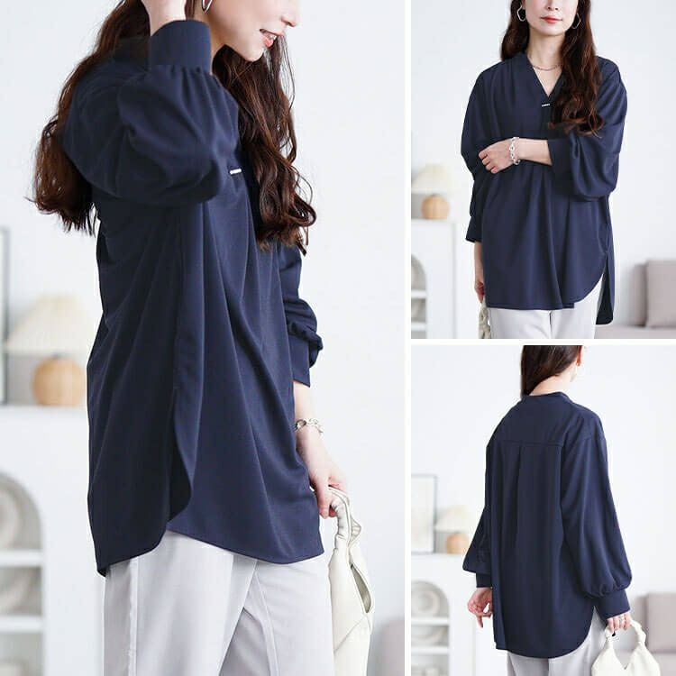 大きいサイズ レディース Vネックパール付き胸タックプルオーバー