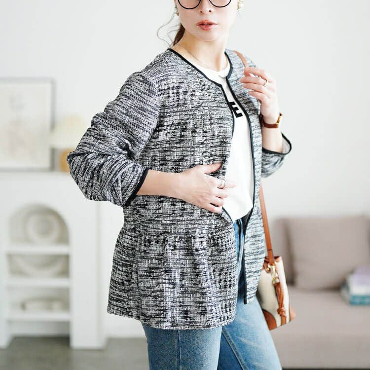 大きいサイズ レディース ラメツイードノーカラーペプラムジャケット