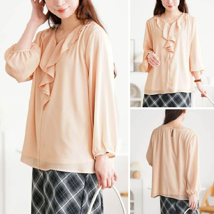 大きいサイズ レディース ゴールドパーツ付きラッフルブラウス