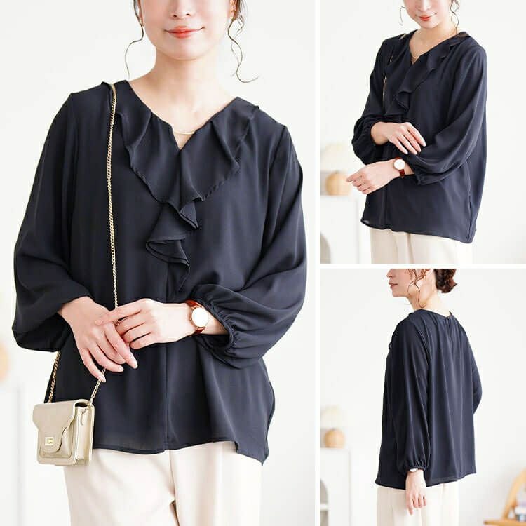 大きいサイズ レディース ゴールドパーツ付きラッフルブラウス