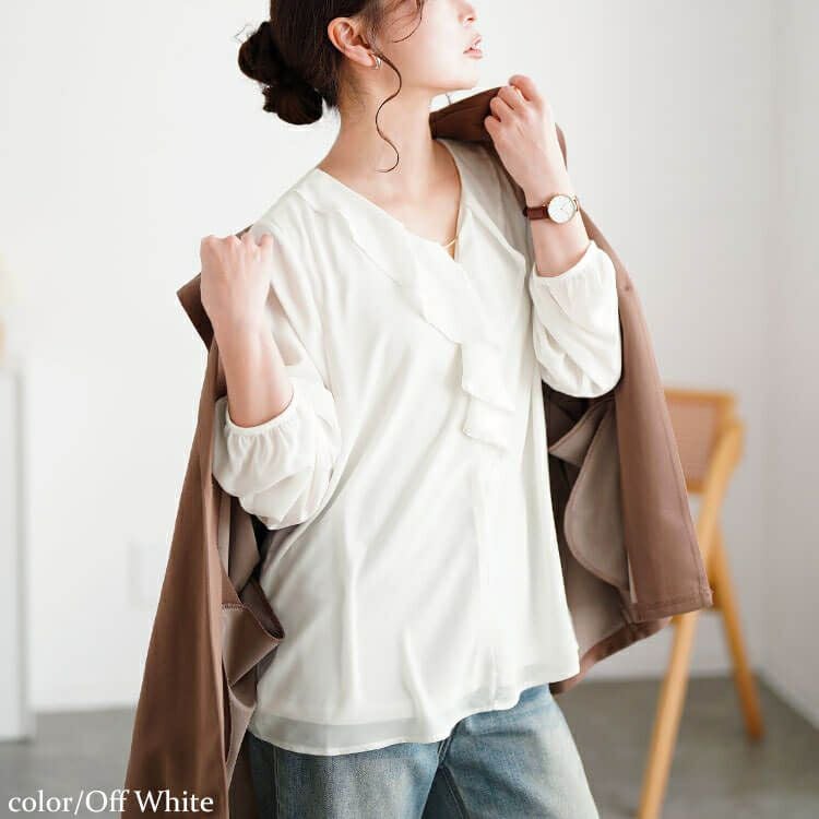 大きいサイズ レディース ゴールドパーツ付きラッフルブラウス