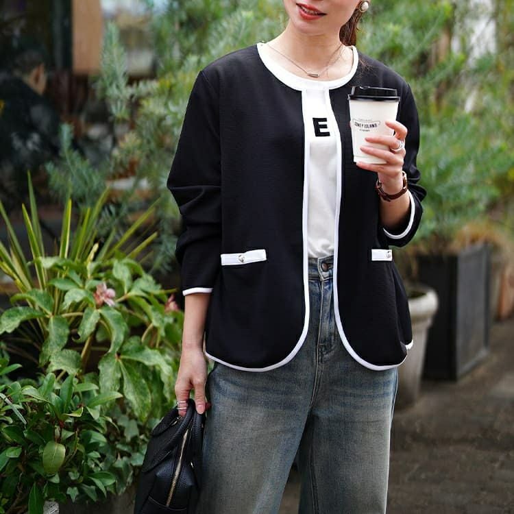 大きいサイズ レディース 配色パイピングノーカラージャケット