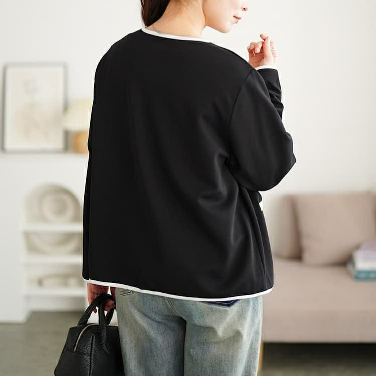 大きいサイズ レディース 配色パイピングノーカラージャケット