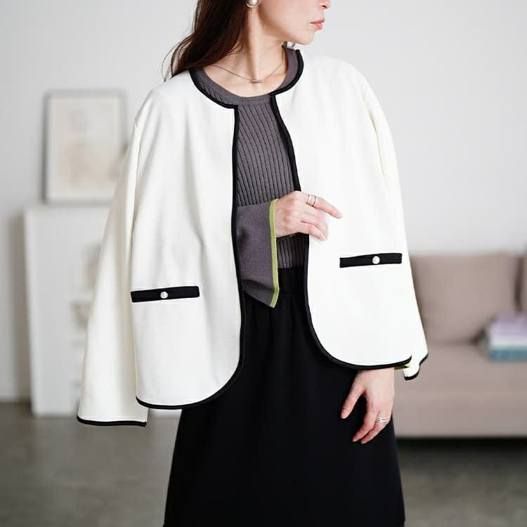 大きいサイズ レディース 配色パイピングノーカラージャケット