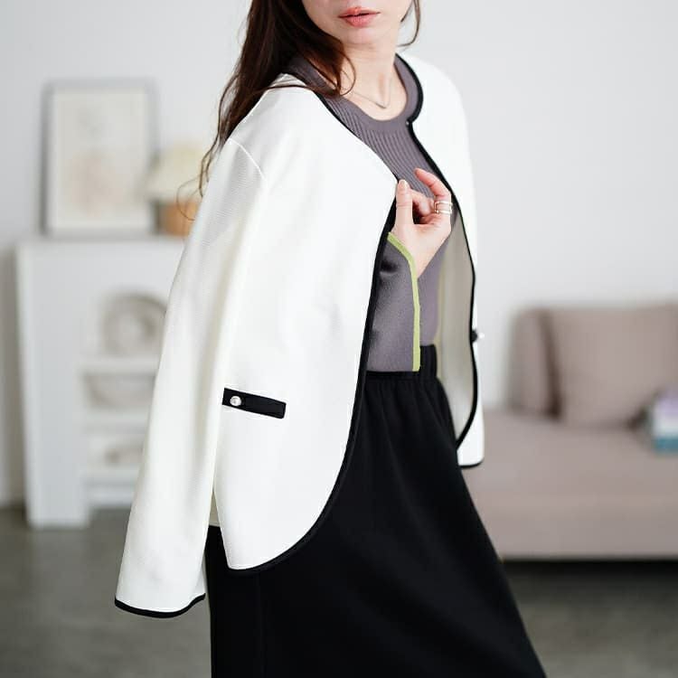 大きいサイズ レディース 配色パイピングノーカラージャケット