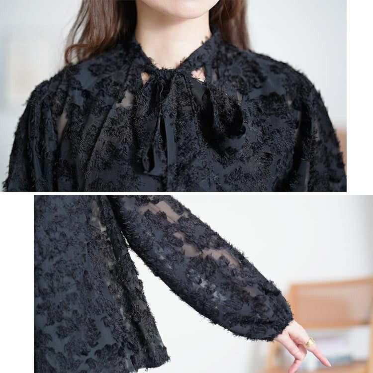 大きいサイズ レディース ボウタイ付きシアージャガードブラウス