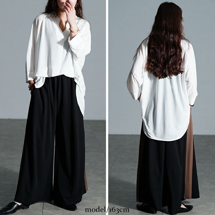 大きいサイズ レディース 配色ラインワイドフレアパンツ