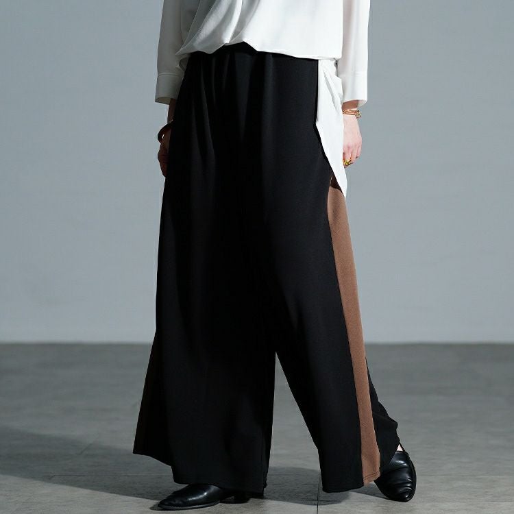 大きいサイズ レディース 配色ラインワイドフレアパンツ