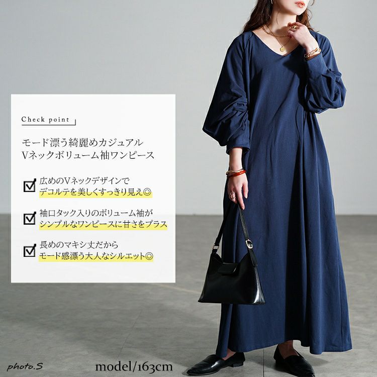 povrvous ワンピース　ネイビー　大きいサイズ 大きいサイズ レディース Vネックボリューム袖フレアワンピース nw