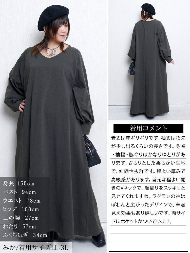 大きいサイズ レディース Vネックボリューム袖フレアワンピース