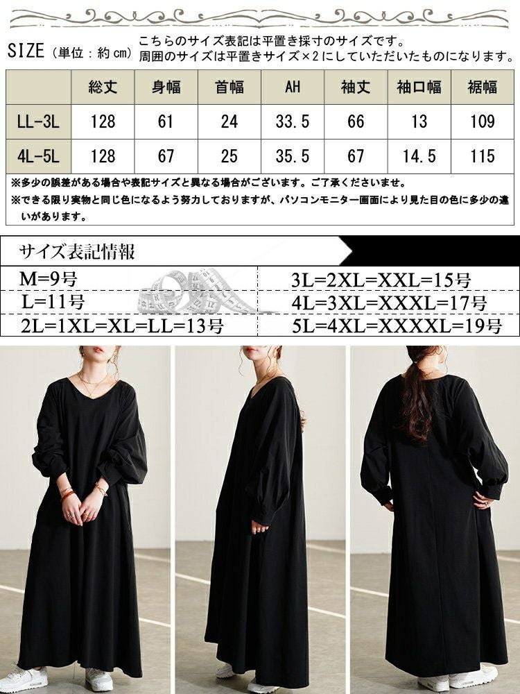 大きいサイズ レディース Vネックボリューム袖フレアワンピース