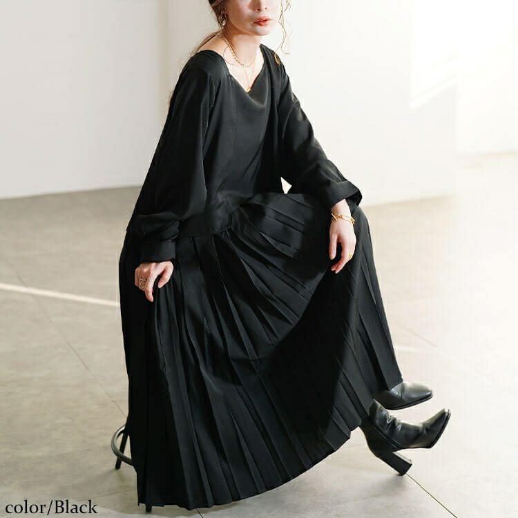 大きいサイズ レディース フェイクレイヤードプリーツワンピース