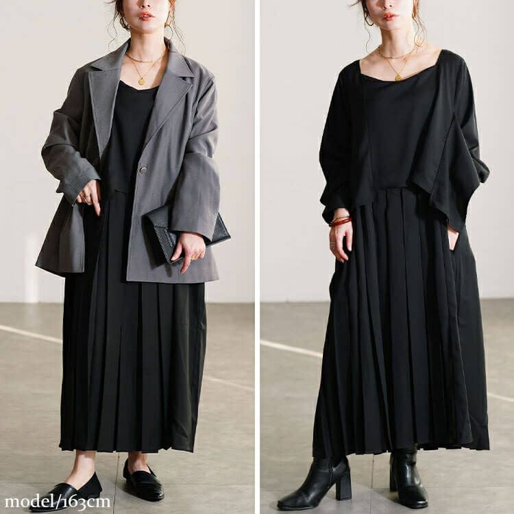 大きいサイズ レディース フェイクレイヤードプリーツワンピース