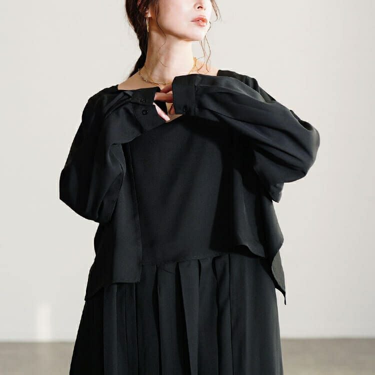 大きいサイズ レディース フェイクレイヤードプリーツワンピース