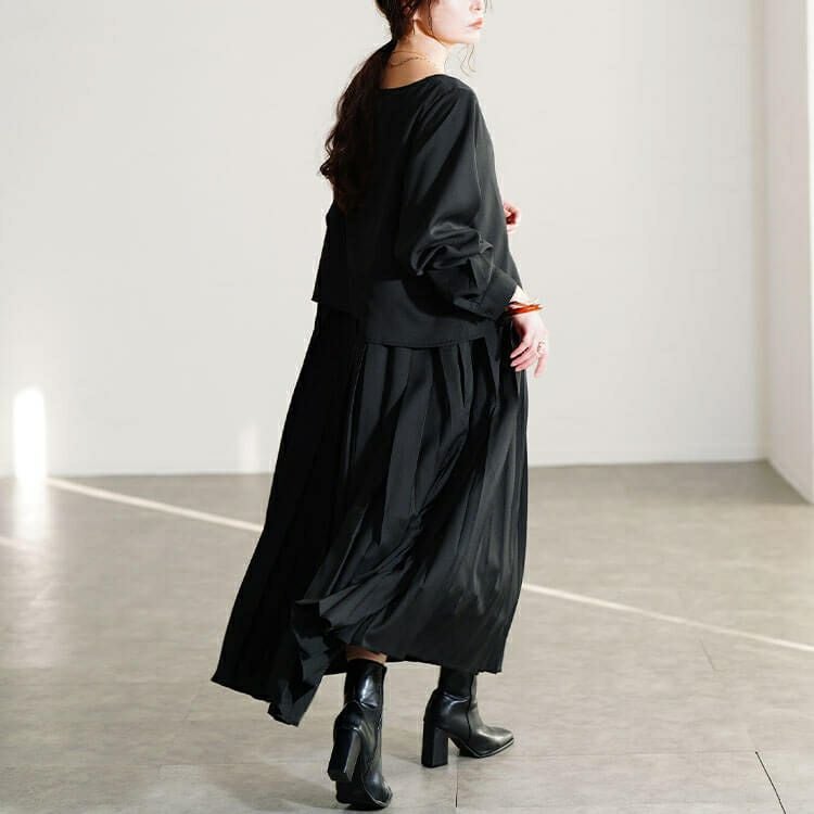 大きいサイズ レディース フェイクレイヤードプリーツワンピース