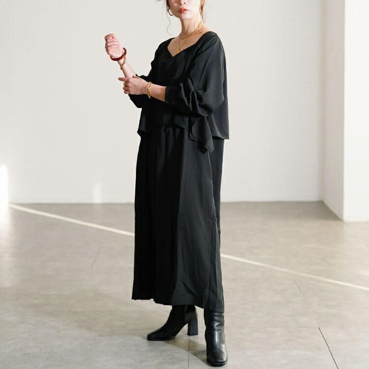 大きいサイズ レディース フェイクレイヤードプリーツワンピース