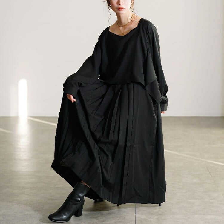 大きいサイズ レディース フェイクレイヤードプリーツワンピース