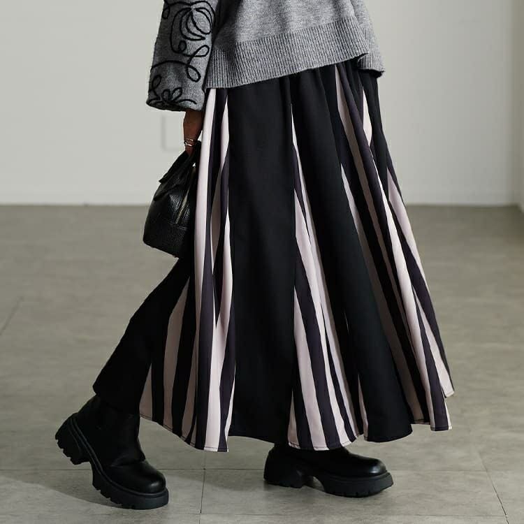 大きいサイズ レディース ストライプ柄配色切り替えフレアスカート