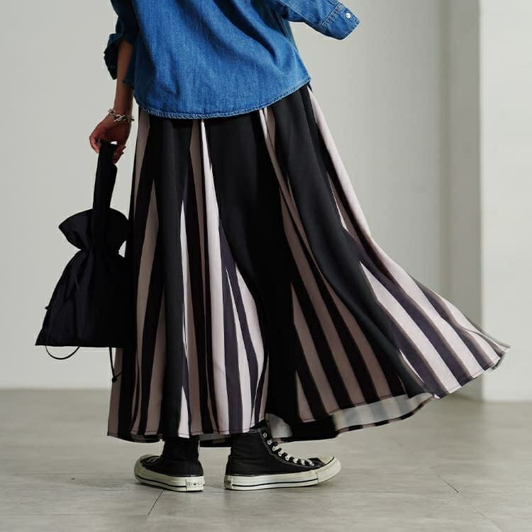 大きいサイズ レディース ストライプ柄配色切り替えフレアスカート