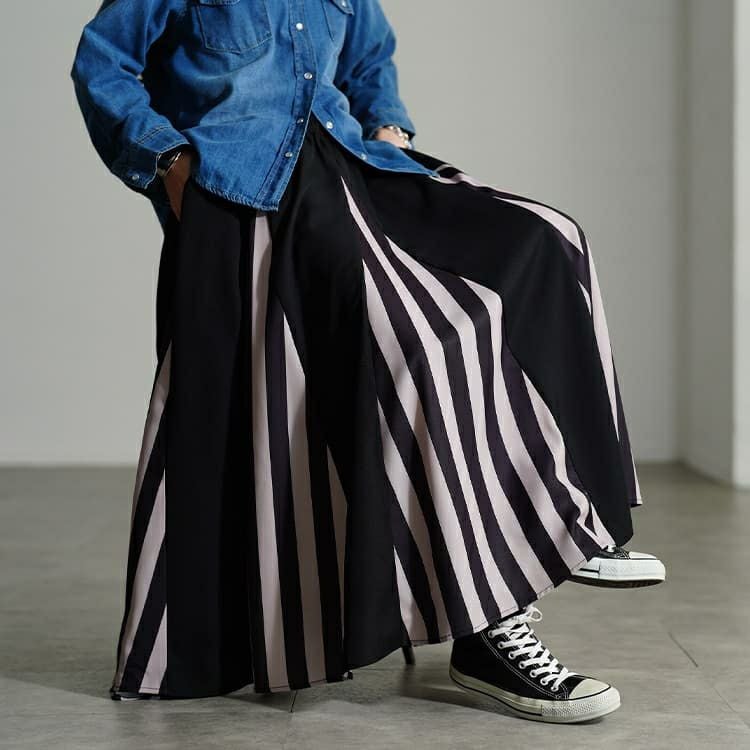 大きいサイズ レディース ストライプ柄配色切り替えフレアスカート