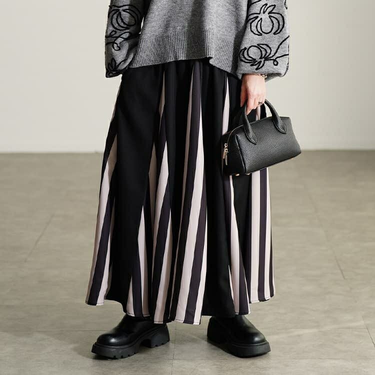 大きいサイズ レディース ストライプ柄配色切り替えフレアスカート