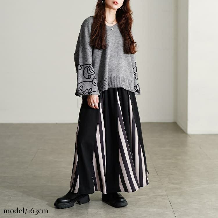 大きいサイズ レディース ストライプ柄配色切り替えフレアスカート