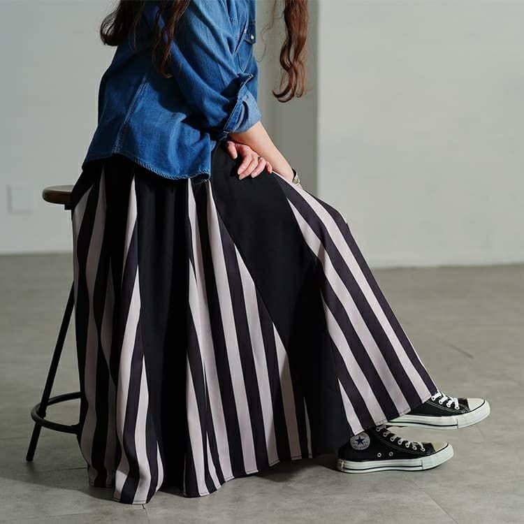 大きいサイズ レディース ストライプ柄配色切り替えフレアスカート