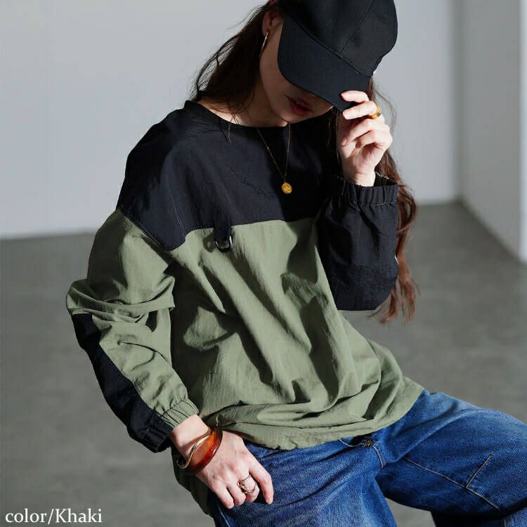 大きいサイズ レディース 撥水裾ドロストバイカラープルオーバー