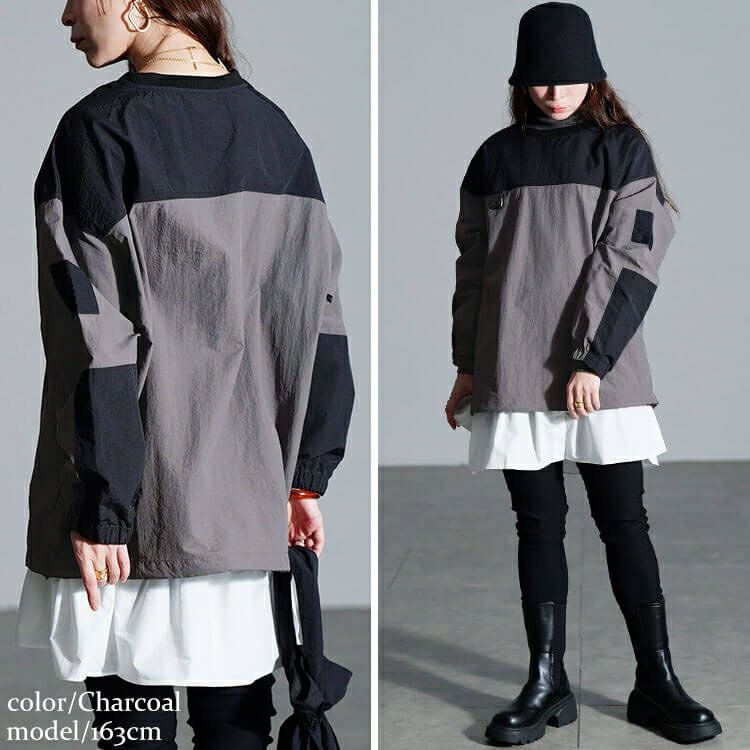 大きいサイズ レディース 撥水裾ドロストバイカラープルオーバー