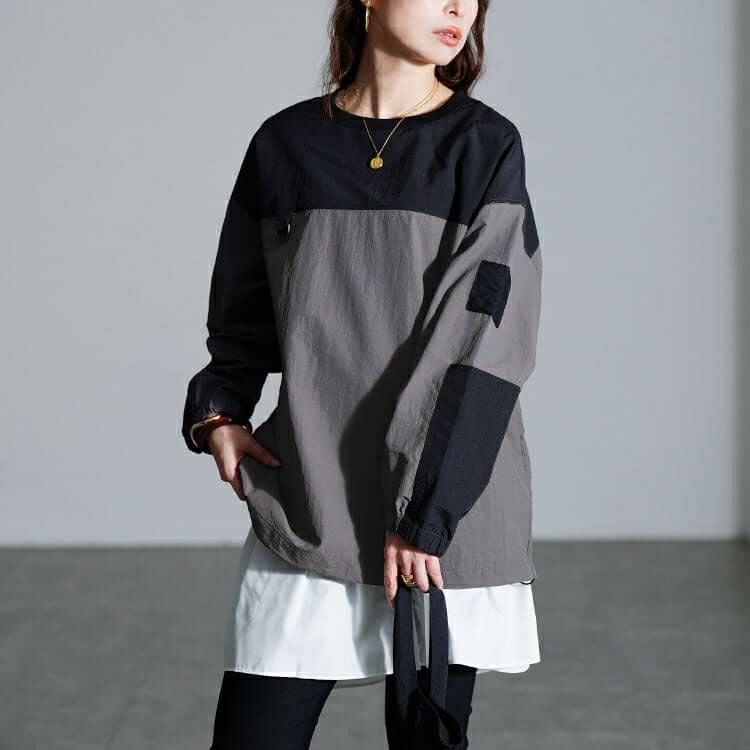 大きいサイズ レディース 撥水裾ドロストバイカラープルオーバー
