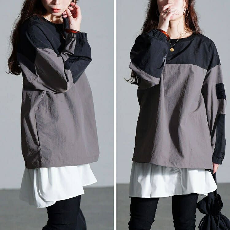 大きいサイズ レディース 撥水裾ドロストバイカラープルオーバー
