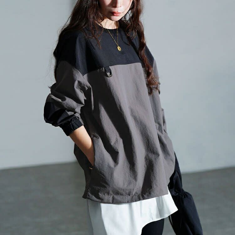 大きいサイズ レディース 撥水裾ドロストバイカラープルオーバー