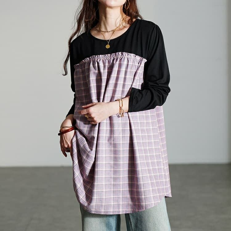 大きいサイズ レディース チェック柄切り替えチュニック
