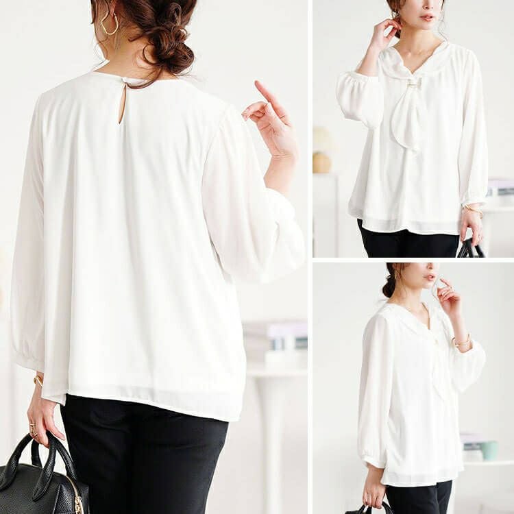 大きいサイズ レディース ゴールドパーツ付きラッフルタイブラウス