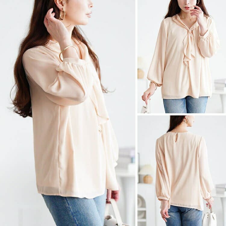 大きいサイズ レディース ゴールドパーツ付きラッフルタイブラウス