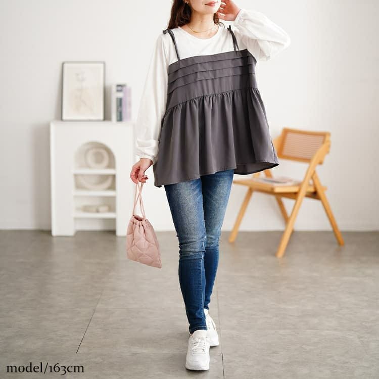 大きいサイズ レディース タックペプラムビスチェ重ね着風ロンT