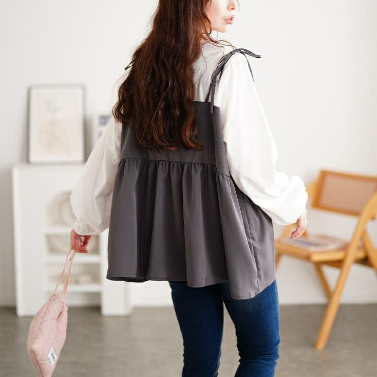 大きいサイズ レディース タックペプラムビスチェ重ね着風ロンT