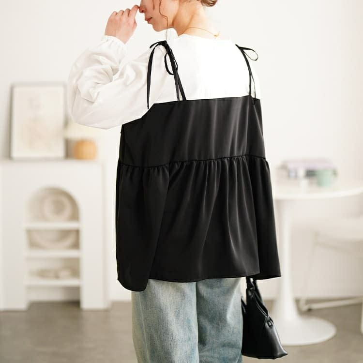 大きいサイズ レディース タックペプラムビスチェ重ね着風ロンT