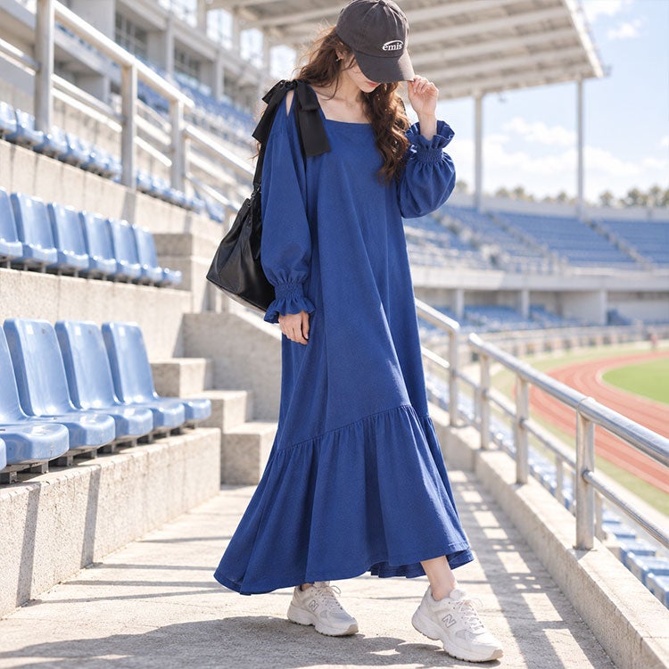 大きいサイズ レディース 肩リボンキャンディ袖マーメイドワンピース