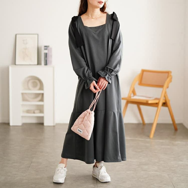 大きいサイズ レディース 肩リボンキャンディ袖マーメイドワンピース