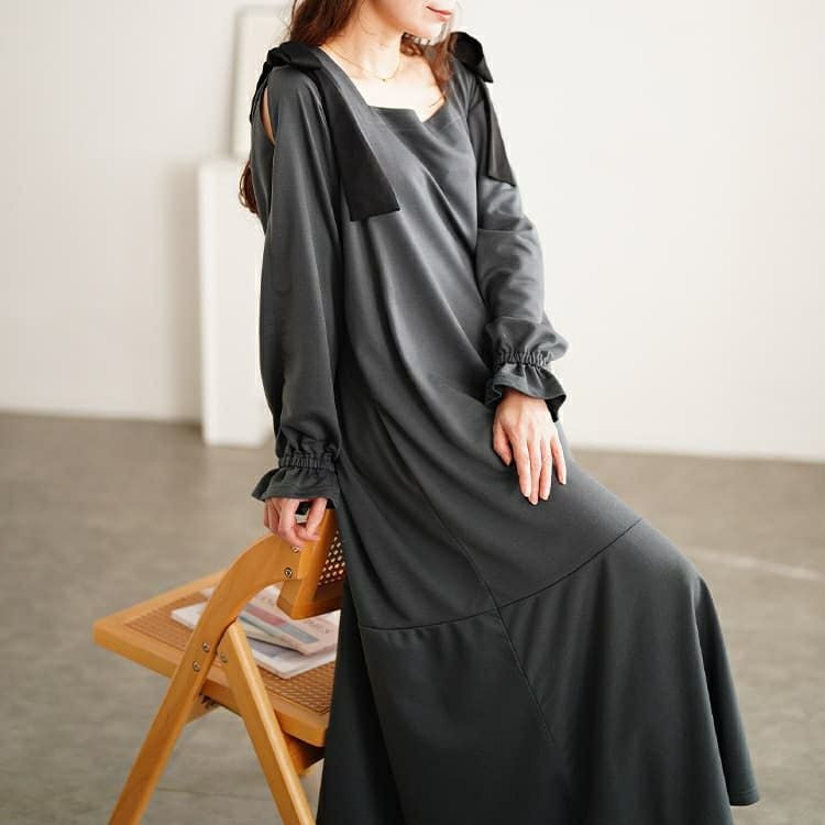 大きいサイズ レディース 肩リボンキャンディ袖マーメイドワンピース