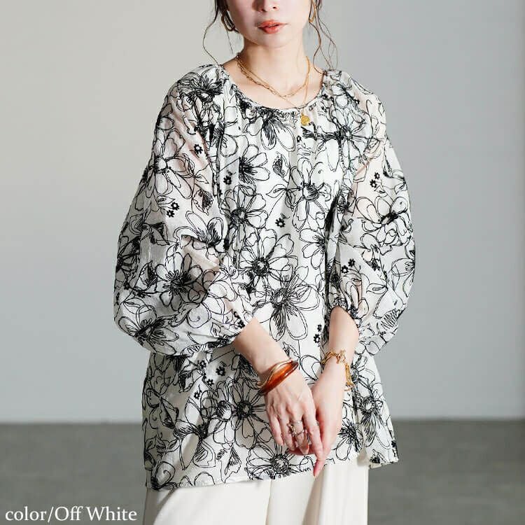 大きいサイズ レディース フロッキー花柄オーガンジーギャザーブラウス